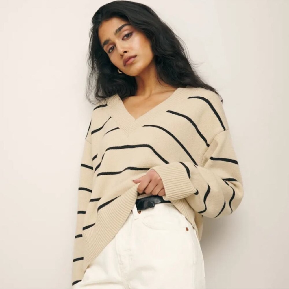 Reformation Sienna Oversized Cotton V-Neck Sweater Cream Striped Small